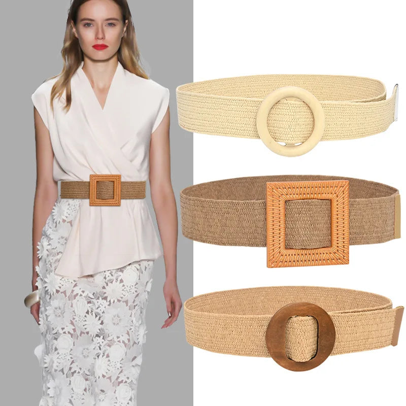 Hot Sale Vintage Boho Braided Waist Belt Summer Female Belt Round Square Leopard Wooden Buckle Fake Straw Wide Belts For Women