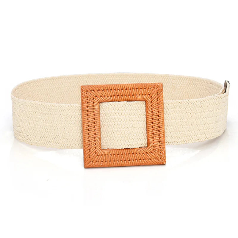 Hot Sale Vintage Boho Braided Waist Belt Summer Female Belt Round Square Leopard Wooden Buckle Fake Straw Wide Belts For Women