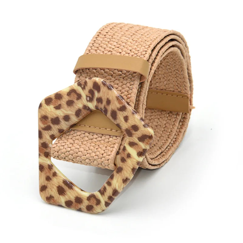 Hot Sale Vintage Boho Braided Waist Belt Summer Female Belt Round Square Leopard Wooden Buckle Fake Straw Wide Belts For Women