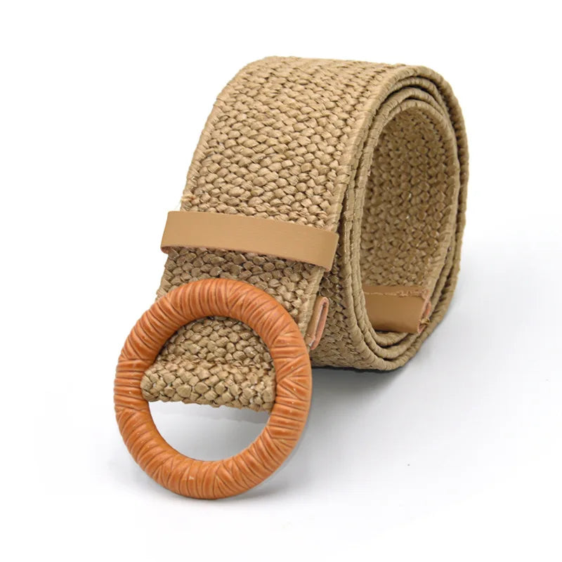 Hot Sale Vintage Boho Braided Waist Belt Summer Female Belt Round Square Leopard Wooden Buckle Fake Straw Wide Belts For Women