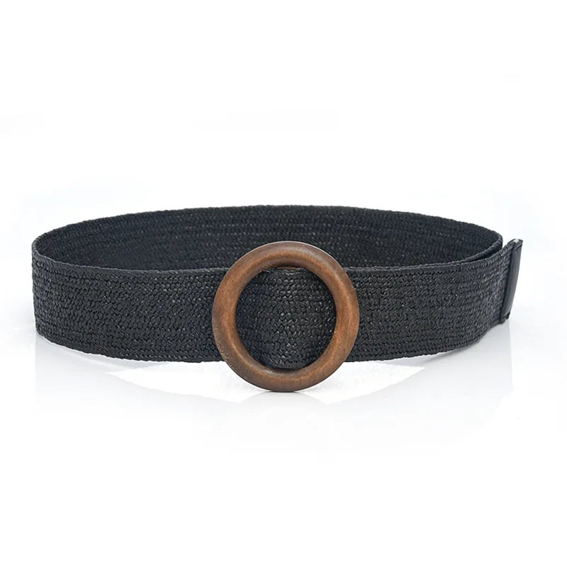 Hot Sale Vintage Boho Braided Waist Belt Summer Female Belt Round Square Leopard Wooden Buckle Fake Straw Wide Belts For Women