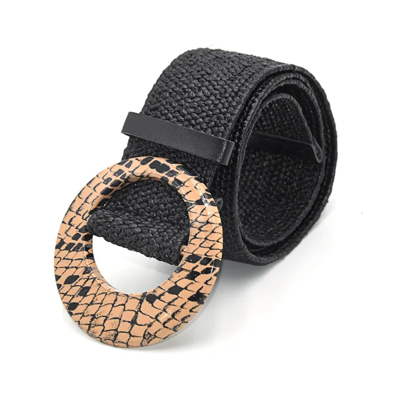 Hot Sale Vintage Boho Braided Waist Belt Summer Female Belt Round Square Leopard Wooden Buckle Fake Straw Wide Belts For Women
