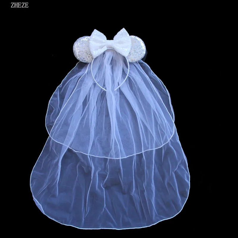 White Day Mouse Ears Headband With Veil Sequins 5"Bow Headwear For Women Festival Hairband Single Party DIY Hair Accessories