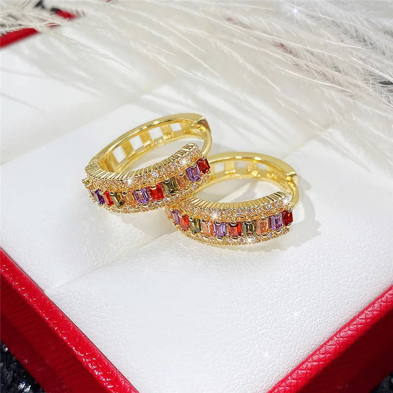 Huitan Gold Color Hoop Earrings for Women Luxury Inlaid Rainbow Cubic Zirconia Modern Fashion Ear Accessories Hot Jewelry
