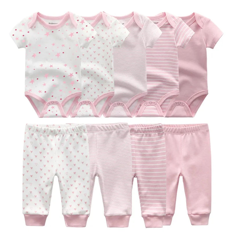 6/9/10PCS Baby Girl Clothes Newborn Solid Bodysuits+Pants Cotton Baby Boy Clothes Short Sleeve Girls Baby Clothing Cartoon