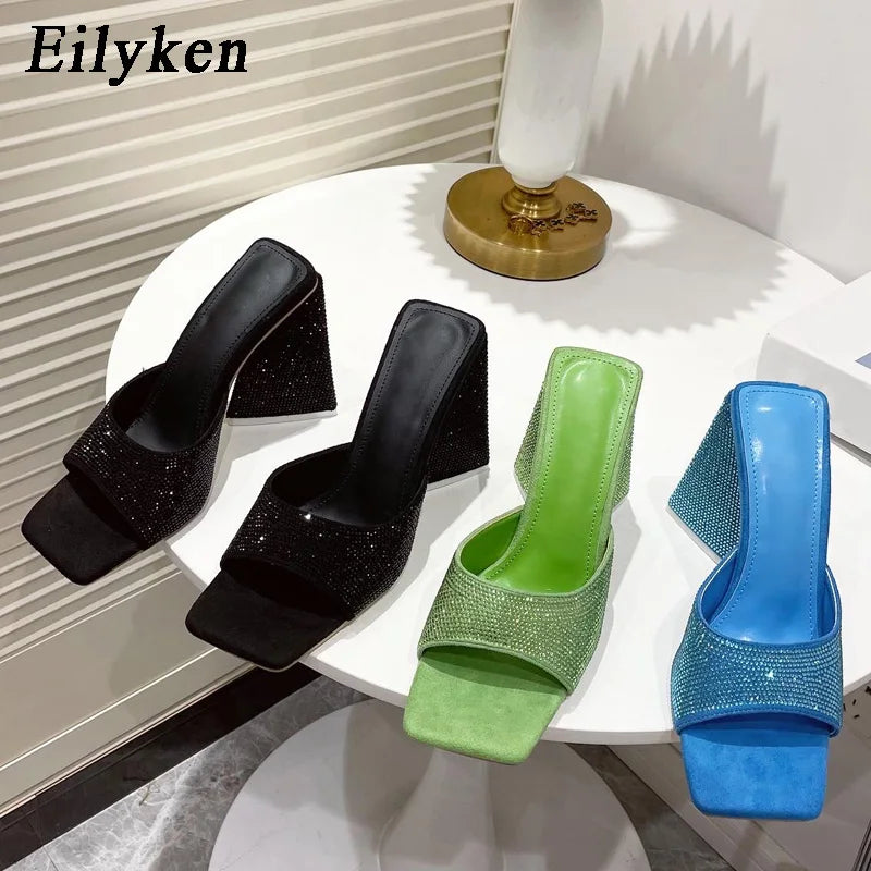 Eilyken Summer CRYSTAL Triangle Thick Heel Slippers Sexy Street Woman Square Toes Dress Party Shoes Size 35-41