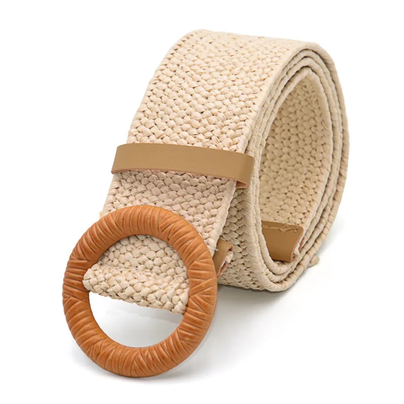 Hot Sale Vintage Boho Braided Waist Belt Summer Female Belt Round Square Leopard Wooden Buckle Fake Straw Wide Belts For Women