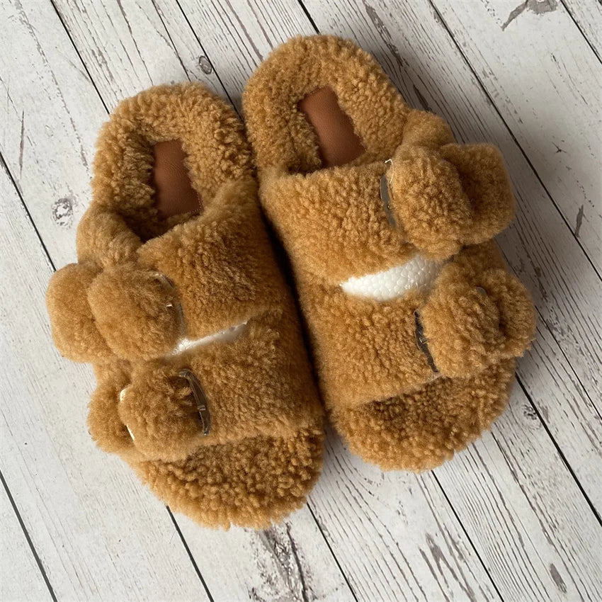 Cute Fluffy House Slippers For Woman Real Lamb Wool Slides Luxury Winter Warm Flip Flops Comfortable Plush Women's Mules Shoes