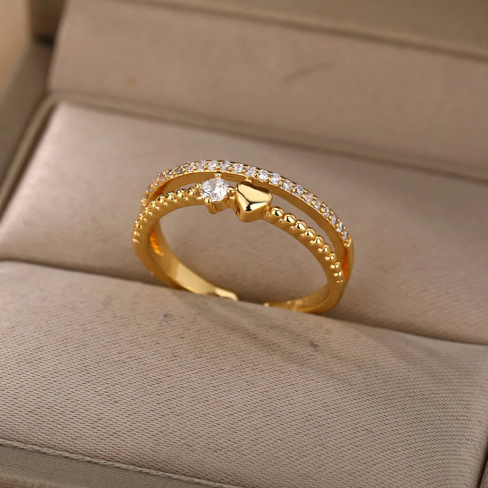 Double Layer Heart Zircon Rings For Women Stainless Steel Crystal Finger Ring 2026 Trend Wedding Jewelry Couple Gift anillos