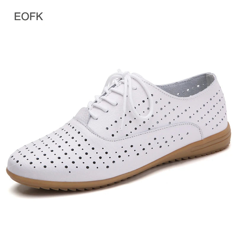 EOFK Spring Autumn Women Oxford Shoes Medical Casual Leather Ballet Flats Lace Up Soft Comfortable Ladies Derbys
