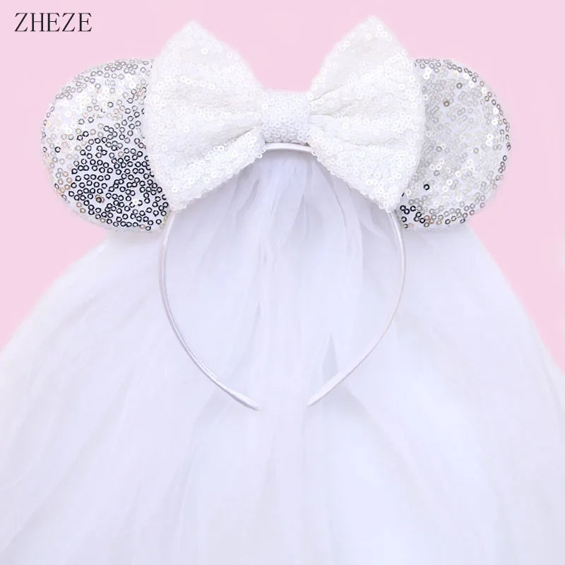 White Day Mouse Ears Headband With Veil Sequins 5"Bow Headwear For Women Festival Hairband Single Party DIY Hair Accessories