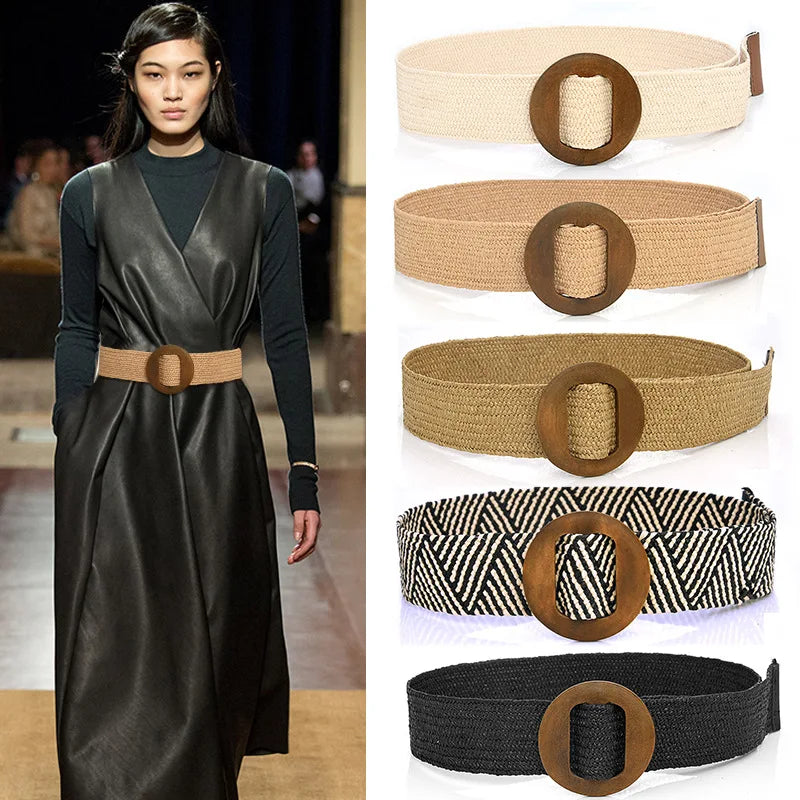 Hot Sale Vintage Boho Braided Waist Belt Summer Female Belt Round Square Leopard Wooden Buckle Fake Straw Wide Belts For Women