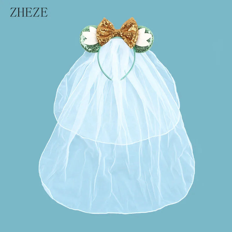 White Day Mouse Ears Headband With Veil Sequins 5"Bow Headwear For Women Festival Hairband Single Party DIY Hair Accessories