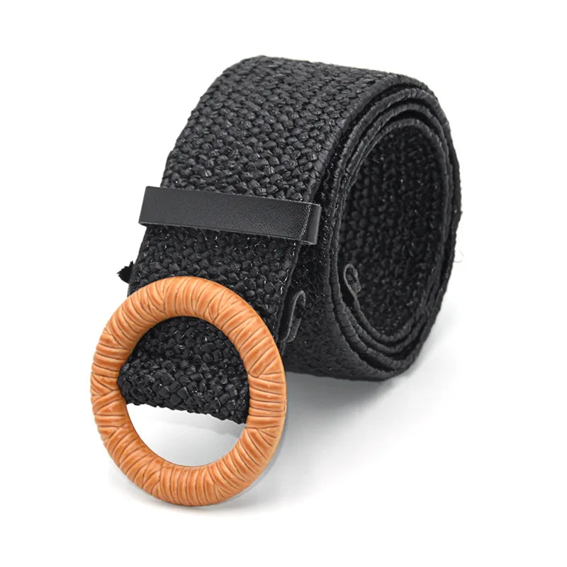 Hot Sale Vintage Boho Braided Waist Belt Summer Female Belt Round Square Leopard Wooden Buckle Fake Straw Wide Belts For Women