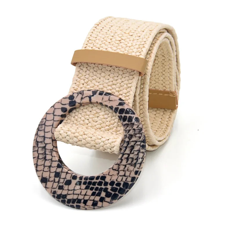 Hot Sale Vintage Boho Braided Waist Belt Summer Female Belt Round Square Leopard Wooden Buckle Fake Straw Wide Belts For Women