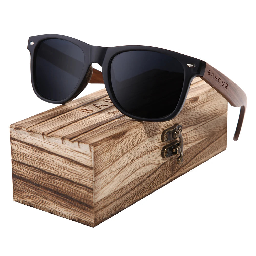 BARCUR Black Walnut Wood Sunglasses for Man Polarized High Quality Sqare Sun Glasses Men UV400 Eyewear Accessory Original Box