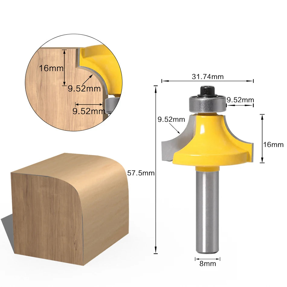 8mm Corner Round Over Router Bit with Bearing Milling Cutter for Wood Woodworking Tool Tungsten Carbide