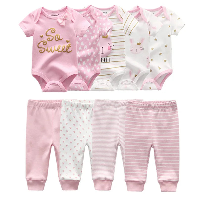 6/9/10PCS Baby Girl Clothes Newborn Solid Bodysuits+Pants Cotton Baby Boy Clothes Short Sleeve Girls Baby Clothing Cartoon