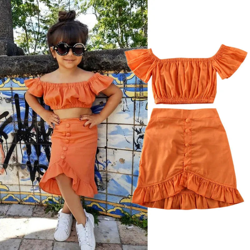 1-5Years Toddler Girls Orange Clothes Set  Off Shoulder Cropped Tops Ruffle Skirt Set For Girls Summer 2pcs Outfits