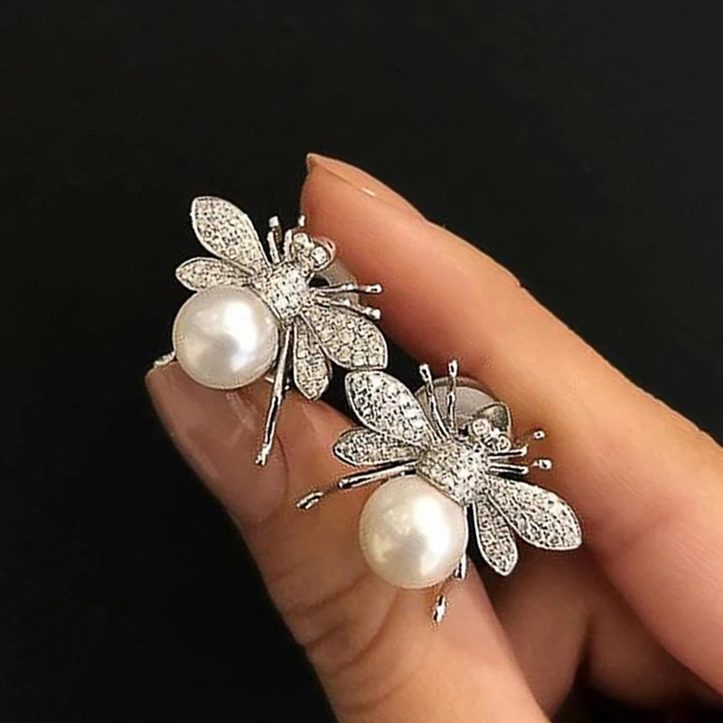 Huitan Fashion Simulated Pearl Bee Stud Earrings with Crystal Cubic Zirconia Cute Animal Earrings Daily Wear Women Jewelry