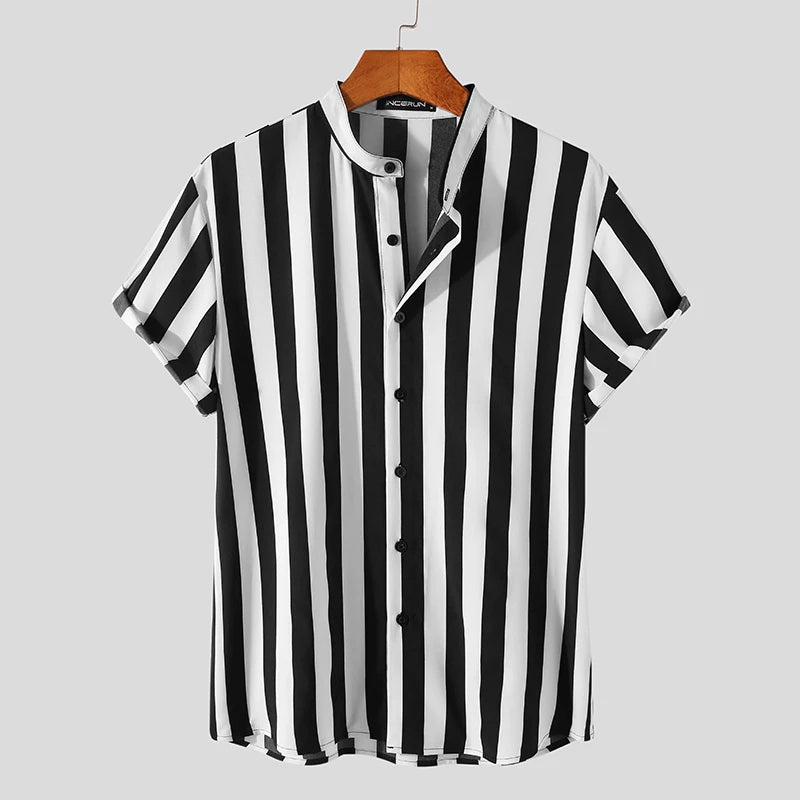 INCERUN Men Striped Shirt Stand Collar Short Sleeve Casual Men Clothing Harajuku Streetwear Summer 2023 Leisure Shirts S-5XL