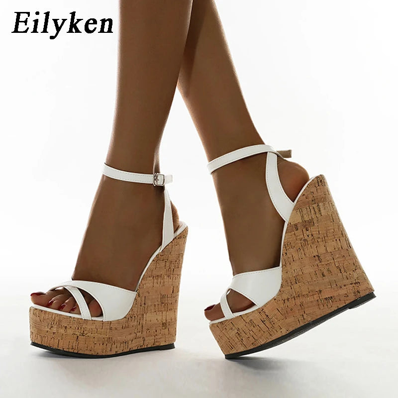 Eilyken Summer Women's High Heels Hollow Out Sandals Platform Buckle Wedges Front Open Toe Ladies Shoes Size 35-42