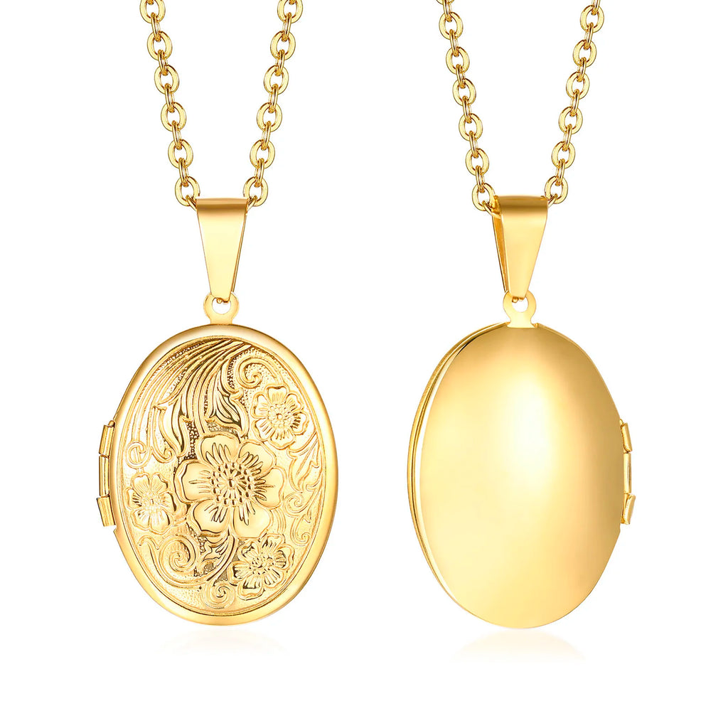 Delicate Floral Oval Heart Locket Pendant Necklaces for Women,Stainless Steel Photo Frame Promise Love Keepsake Gift