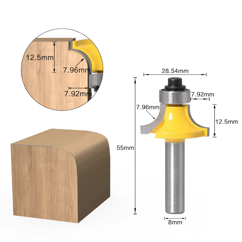 8mm Corner Round Over Router Bit with Bearing Milling Cutter for Wood Woodworking Tool Tungsten Carbide