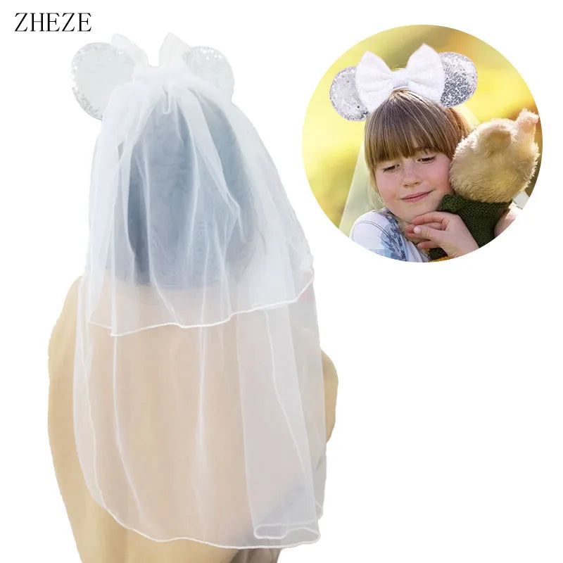 White Day Mouse Ears Headband With Veil Sequins 5"Bow Headwear For Women Festival Hairband Single Party DIY Hair Accessories