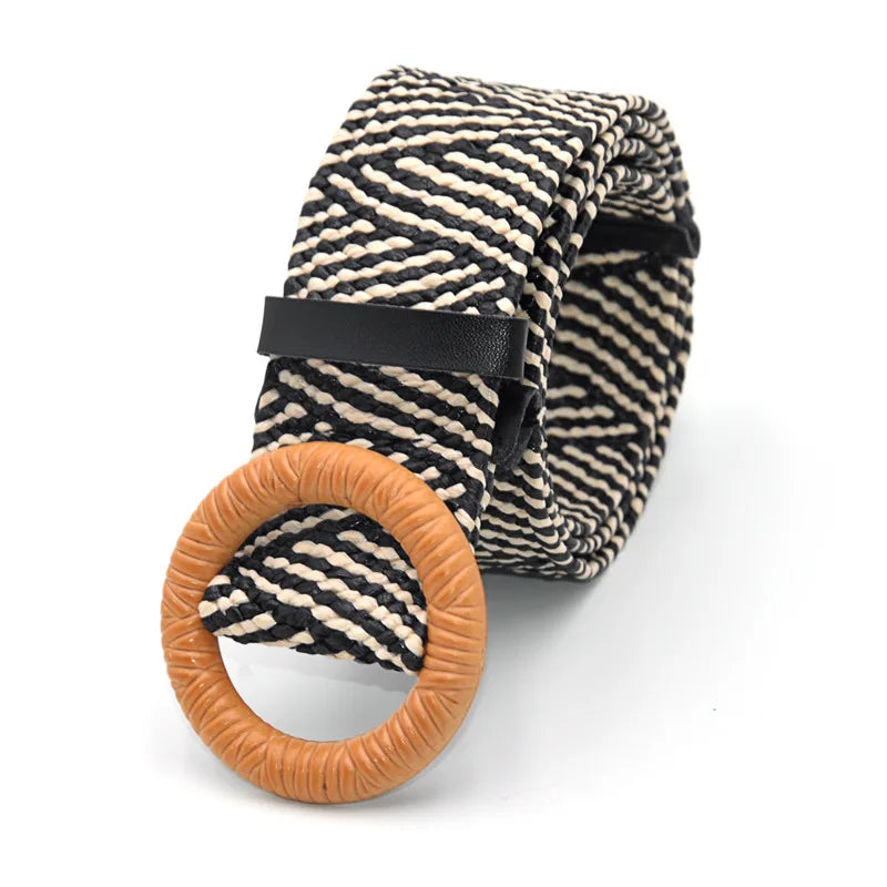 Hot Sale Vintage Boho Braided Waist Belt Summer Female Belt Round Square Leopard Wooden Buckle Fake Straw Wide Belts For Women