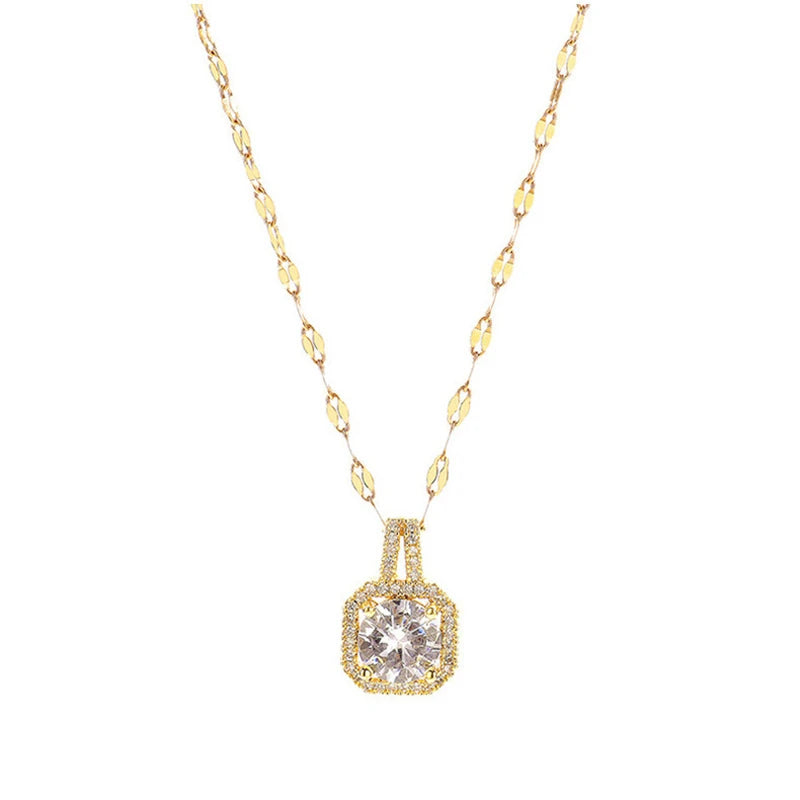 Korean Style Fashion Square Zircon Stainless Steel Necklaces For Women Luxury Elegant Female Clavicle Chain Jewelry Wholesale