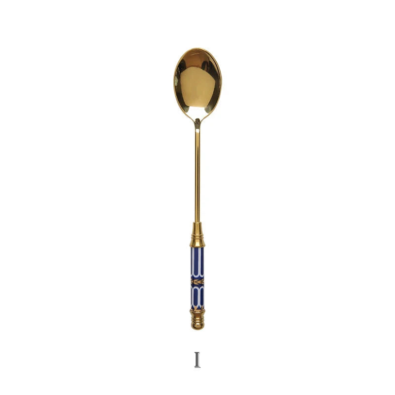 Stainless Steel Dessert Spoon Ceramic Long Handle Icecream Spoon Teaspoon Gold Coffee Cake Fruit Milk Spoon Kitchen Tableware