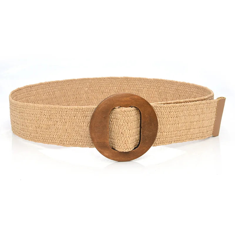 Hot Sale Vintage Boho Braided Waist Belt Summer Female Belt Round Square Leopard Wooden Buckle Fake Straw Wide Belts For Women