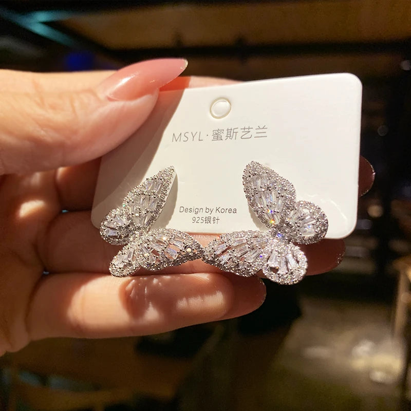 2023 New Butterfly Zircon Earrings Women's Korean Luxury Jewelry Literary Style Earrings Net Red Temperament Simple New Earrings