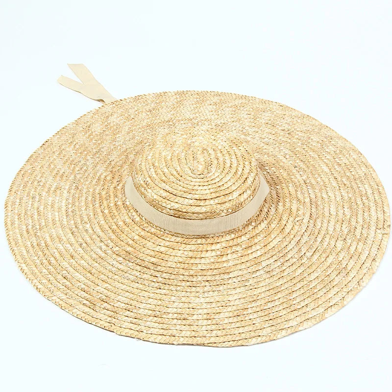 15cm Wide Brim Straw Hat Flat Top Summer Beach Hats for Women Ribbon Boater Hat Sun Hat Gray Black Red Pink Blue With Chin Strap