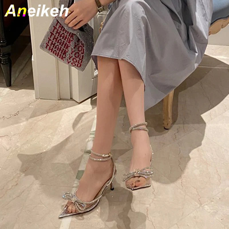Aneikeh Spring/Autumn 2026 Women's Shoes Fashion Butterfly-Knot Narrow Band Bling Patchwork Cross-Tied Crystal Pointed Toe Pumps