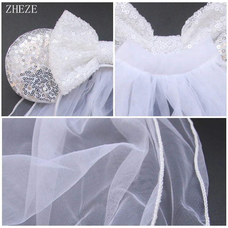 White Day Mouse Ears Headband With Veil Sequins 5"Bow Headwear For Women Festival Hairband Single Party DIY Hair Accessories