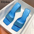 Eilyken Summer CRYSTAL Triangle Thick Heel Slippers Sexy Street Woman Square Toes Dress Party Shoes Size 35-41