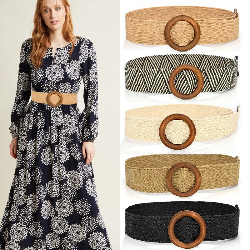 Hot Sale Vintage Boho Braided Waist Belt Summer Female Belt Round Square Leopard Wooden Buckle Fake Straw Wide Belts For Women