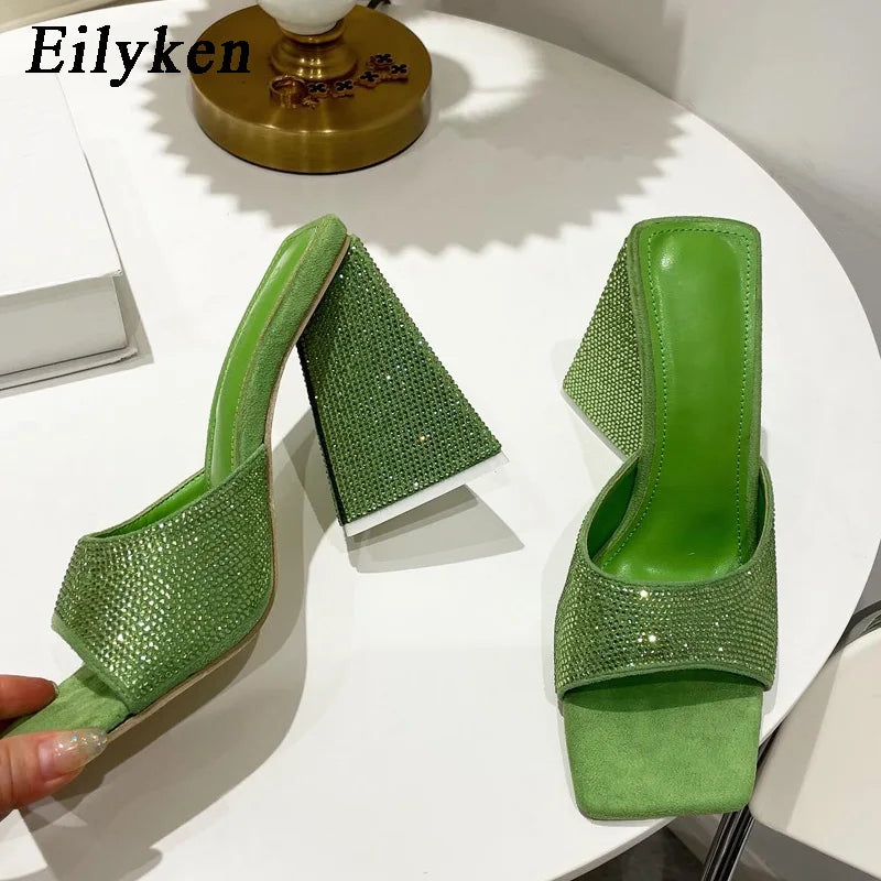 Eilyken Summer CRYSTAL Triangle Thick Heel Slippers Sexy Street Woman Square Toes Dress Party Shoes Size 35-41
