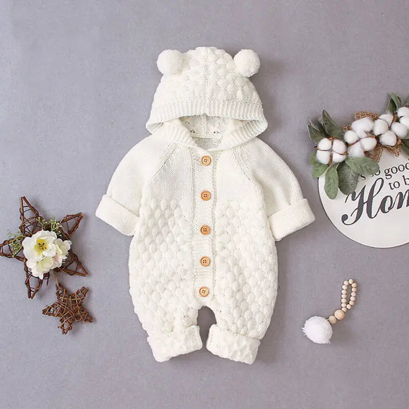 Citgeett Autumn Winter Newborn Baby Boys Girls Ear Knit Romper Hooded Wool Sweater Jumpsuit Warm Cute Outfit