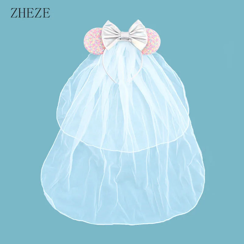 White Day Mouse Ears Headband With Veil Sequins 5"Bow Headwear For Women Festival Hairband Single Party DIY Hair Accessories