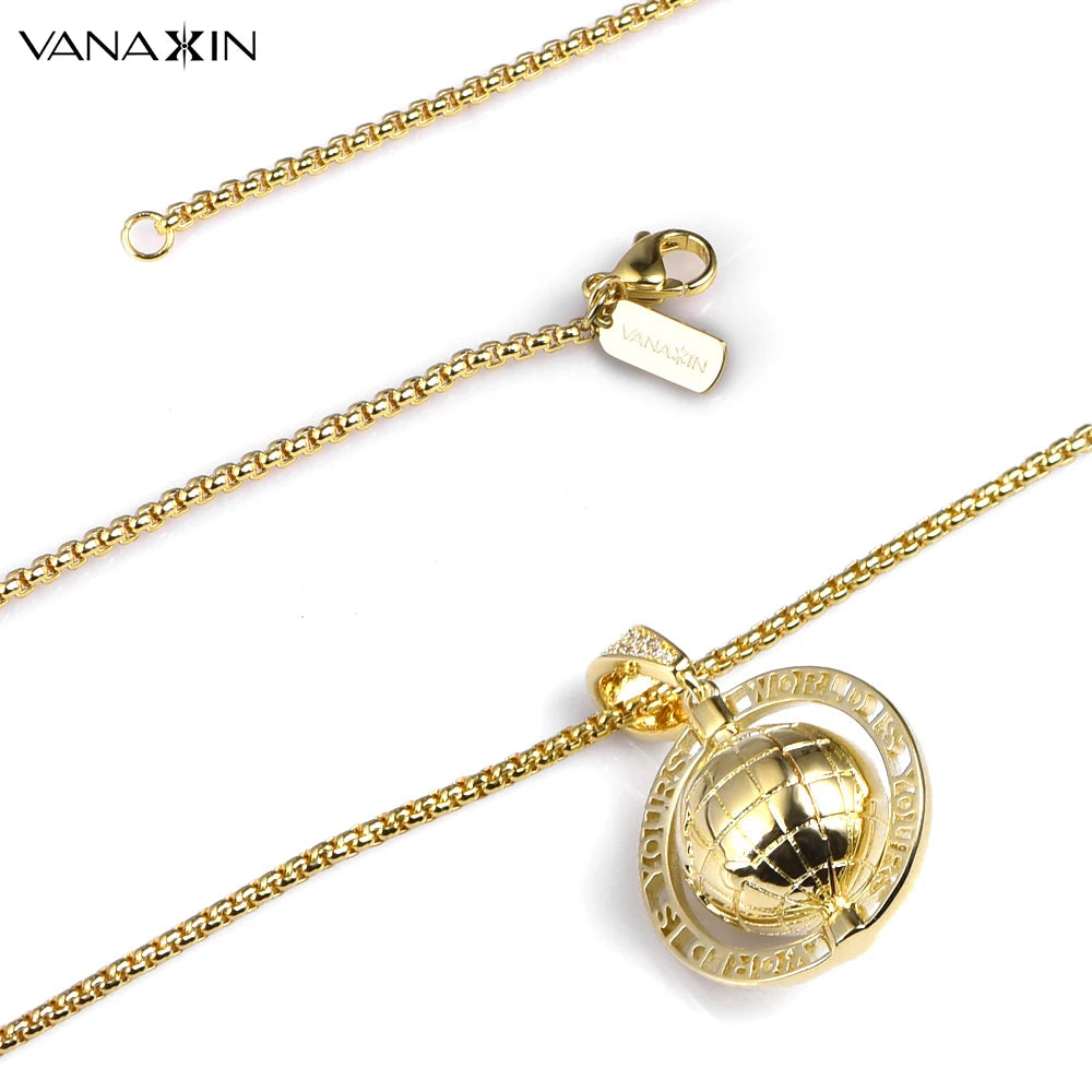 VANAXIN Vintage Globe Earth Tellurion Pendant Necklace 14k Gold Plated Cubic Zircon Hip Hop Chain Gold Color Gift for Women Men