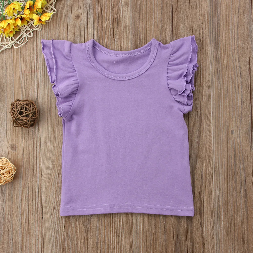 0-6Years Kids T-shirt Baby Girls Ruffle Short Sleeve Shirts Summer Solid Casual Chidren Blouse Tops Kids Clothes Outfits