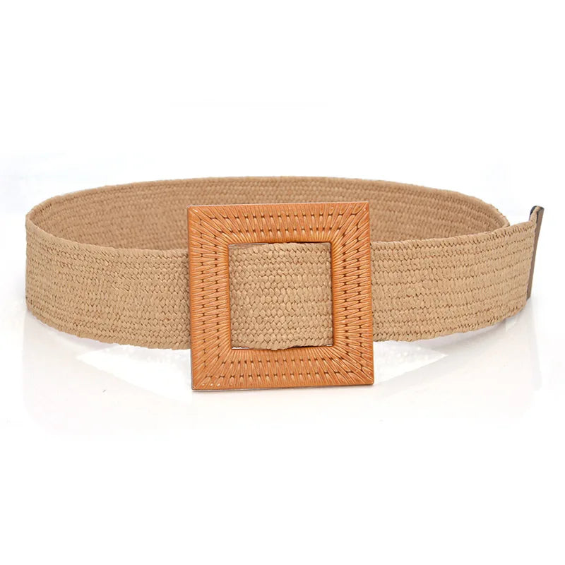 Hot Sale Vintage Boho Braided Waist Belt Summer Female Belt Round Square Leopard Wooden Buckle Fake Straw Wide Belts For Women