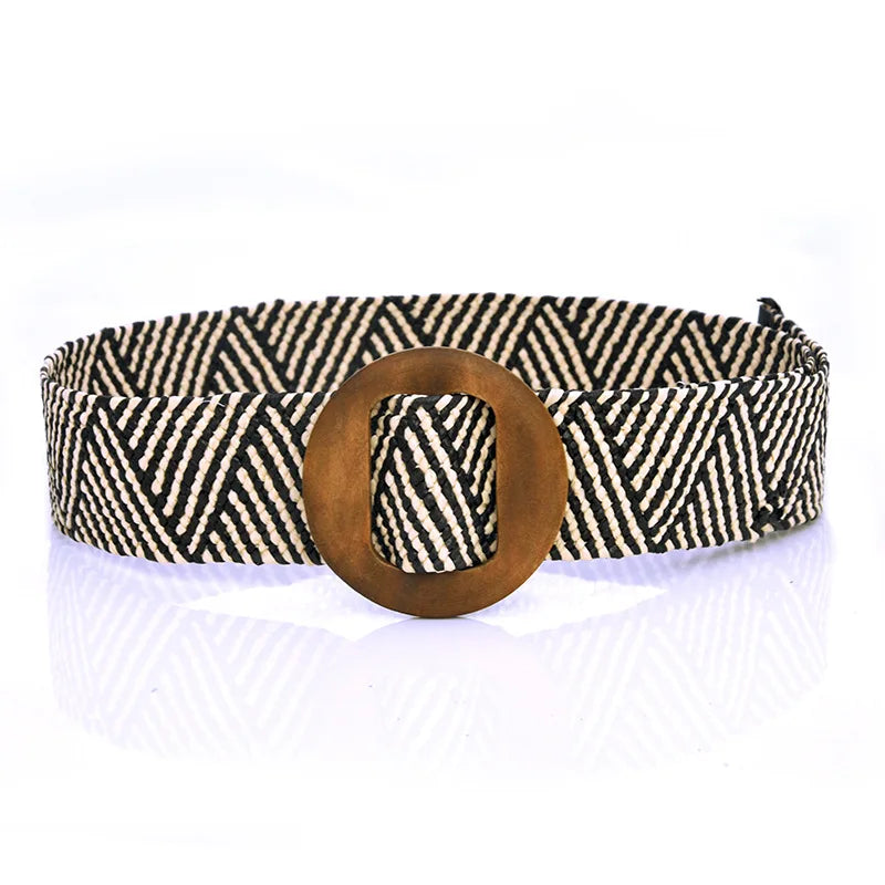 Hot Sale Vintage Boho Braided Waist Belt Summer Female Belt Round Square Leopard Wooden Buckle Fake Straw Wide Belts For Women