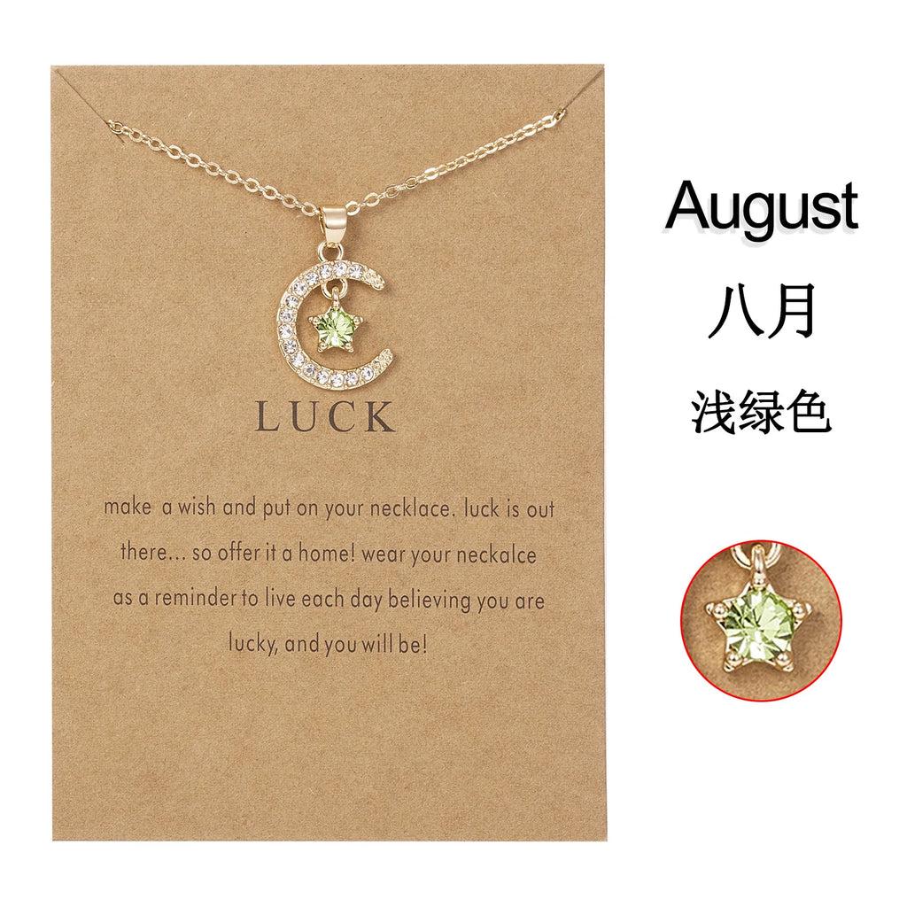 Fashion Personality Birthstone Moon Star Crystal Pendant Necklace for Women Clavicle Chain Choker Birthday Party Jewelry Gift