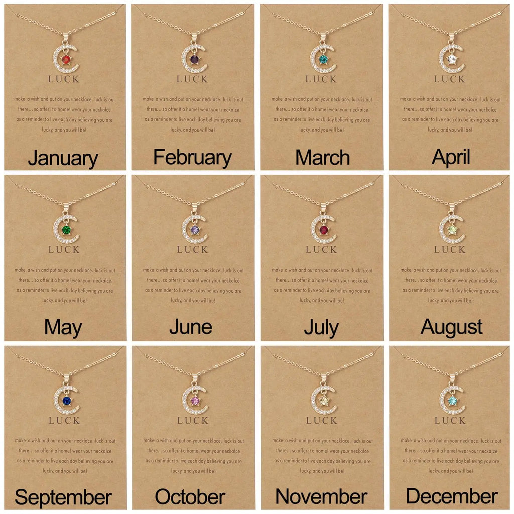 Fashion Personality Birthstone Moon Star Crystal Pendant Necklace for Women Clavicle Chain Choker Birthday Party Jewelry Gift