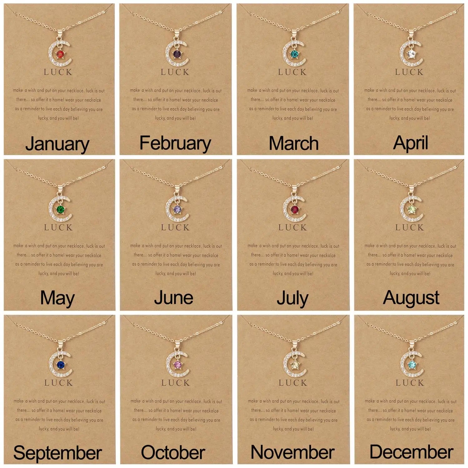 Fashion Personality Birthstone Moon Star Crystal Pendant Necklace for Women Clavicle Chain Choker Birthday Party Jewelry Gift