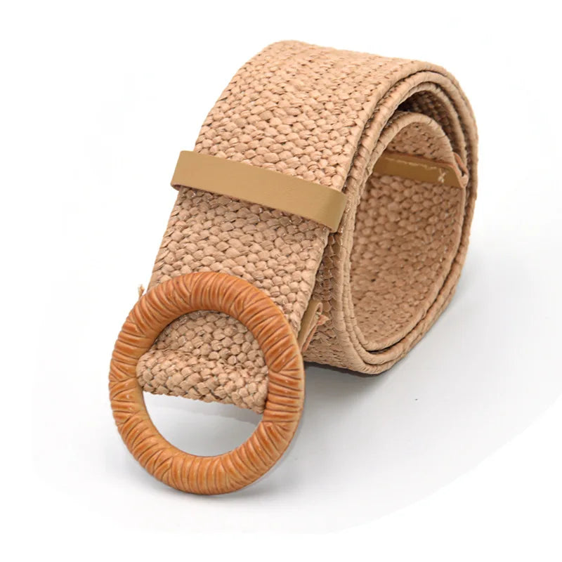 Hot Sale Vintage Boho Braided Waist Belt Summer Female Belt Round Square Leopard Wooden Buckle Fake Straw Wide Belts For Women
